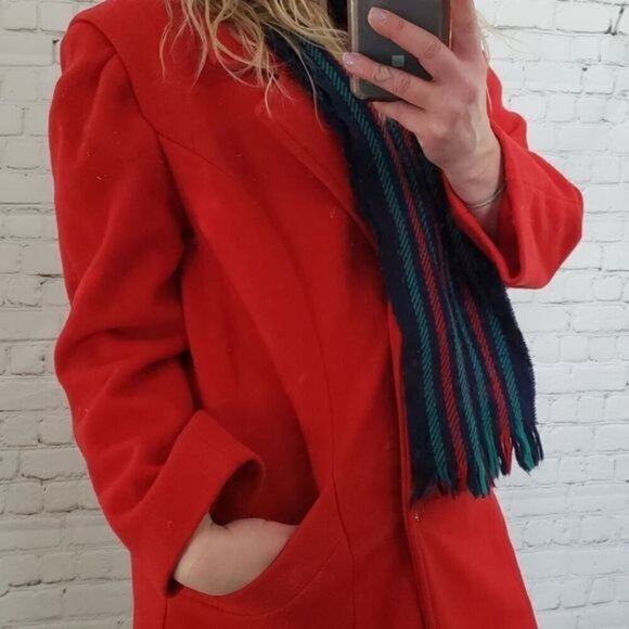 Vintage 80s 90s Red Wool Double Breasted Classic Peacoat with Scarf - Picture 1 of 16